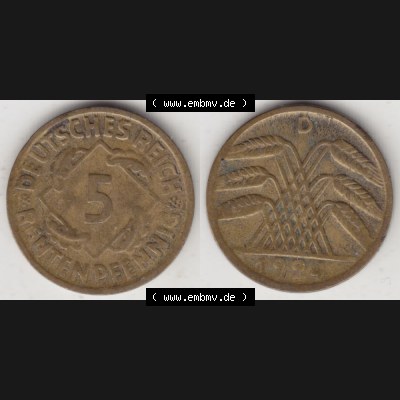 Weimarer Republik Umlaufmünze 1923-1924, 5 Rentenpfennig D, 1924 I., Münzen Vollansicht Horizontal zum Download Sammlung