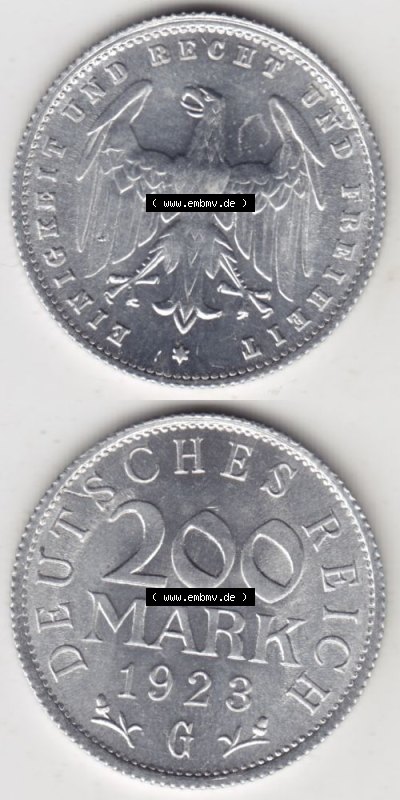 Weimarer Republik Umlaufmünze 1923-1923, 200 Mark G, 1923, Münzen Vollansicht Vertikal zum Download für Mobile-Geräte Sammlung