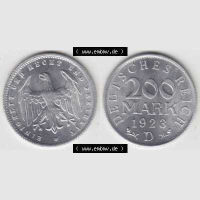 Weimarer Republik Umlaufmünze 1923-1923, 200 Mark D, 1923, Münzen Vollansicht Horizontal zum Download Sammlung