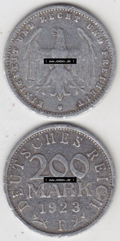 Weimarer Republik Umlaufmünze 1923-1923, 200 Mark F Einigkeit und Recht und Freiheit, Münzen Vollansicht Vertikal zum Download... Sammlung