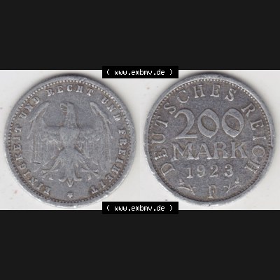Weimarer Republik Umlaufmünze 1923-1923, 200 Mark F Einigkeit und Recht und Freiheit, Münzen Vollansicht Horizontal zum Download Sammlung