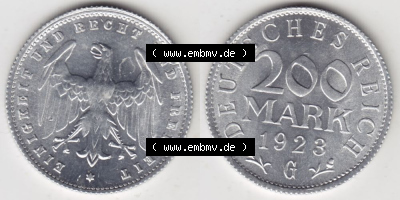 Weimarer Republik Umlaufmünze 1923-1923, 200 Mark G, 1923, Münzen Vollansicht Horizontal zum Download Sammlung