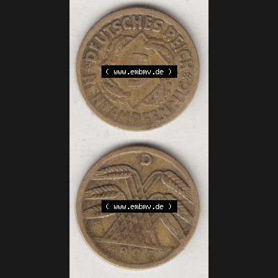 Weimarer Republik Umlaufmünze 1923-1924, 5 Rentenpfennig D, 1924 II, Münzen Vollansicht Vertikal zum Download für Mobile-Geräte Sammlung