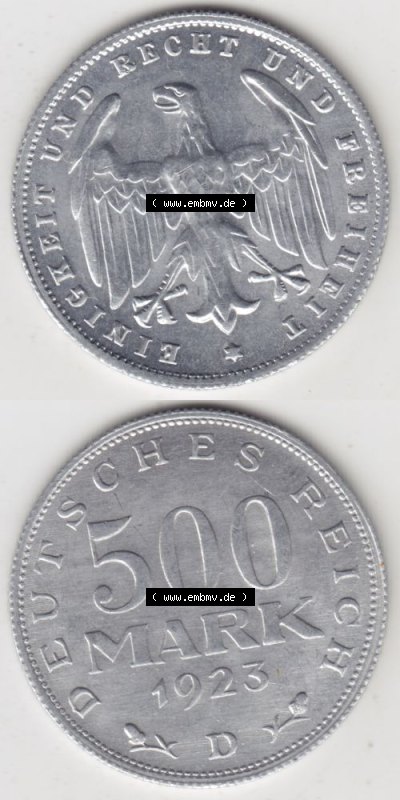 Weimarer Republik Umlaufmünze 1923-1923, 500 Mark D, 1923, Münzen Vollansicht Vertikal zum Download für Mobile-Geräte Sammlung