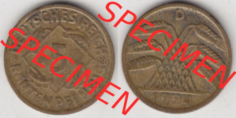 Weimarer Republik Umlaufmünze 1923-1924, 5 Rentenpfennig D, 1924 I., Münzen Vollansicht Horizontal zum Download Sammlung