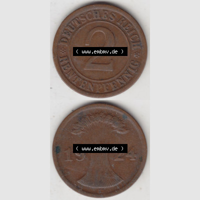Weimarer Republik Umlaufmünze 1923-1924, 2 Rentenpfennig E, 1924, Münzen Vollansicht Vertikal zum Download für Mobile-Geräte Sammlung