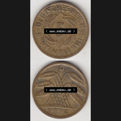 Weimarer Republik Umlaufmünze 1923-1924, 5 Rentenpfennig D, 1924 I., Münzen Vollansicht Vertikal zum Download für Mobile-Geräte Sammlung