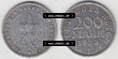 Weimarer Republik Umlaufmünze 1923-1923, 200 Mark F Einigkeit und Recht und Freiheit, Münzen Vollansicht Horizontal zum Download Sammlung
