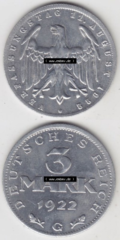 Weimarer Republik Umlaufmünze 1922-1923, 3 Mark G Verfassungstag 11. August 1922, Münzen Vollansicht Vertikal zum Download für... Sammlung
