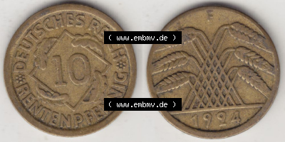 Weimarer Republik Umlaufmünze 1923-1925, 10 Rentenpfennig F, 1924, Münzen Vollansicht Horizontal zum Download Sammlung