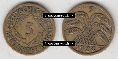 Weimarer Republik Umlaufmünze 1923-1924, 5 Rentenpfennig J, 1924, Münzen Vollansicht Horizontal zum Download Sammlung