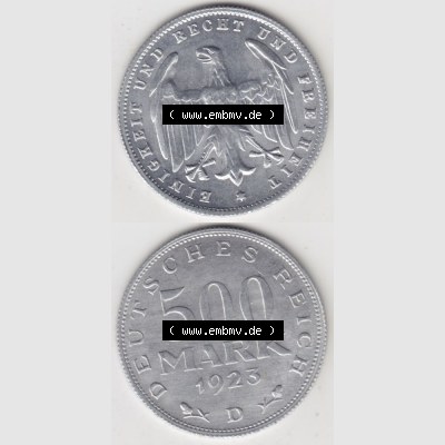 Weimarer Republik Umlaufmünze 1923-1923, 500 Mark D, 1923, Münzen Vollansicht Vertikal zum Download für Mobile-Geräte Sammlung