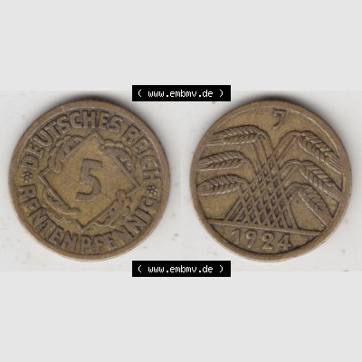 Weimarer Republik Umlaufmünze 1923-1924, 5 Rentenpfennig J, 1924, Münzen Vollansicht Horizontal zum Download Sammlung