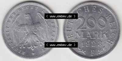 Weimarer Republik Umlaufmünze 1923-1923, 200 Mark F, 1923, Münzen Vollansicht Horizontal zum Download Sammlung