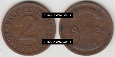 Weimarer Republik Umlaufmünze 1923-1924, 2 Rentenpfennig E, 1924, Münzen Vollansicht Horizontal zum Download Sammlung