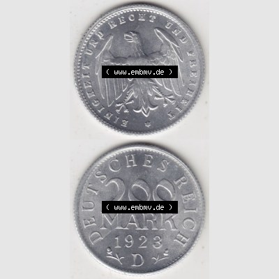 Weimarer Republik Umlaufmünze 1923-1923, 200 Mark D, 1923, Münzen Vollansicht Vertikal zum Download für Mobile-Geräte Sammlung