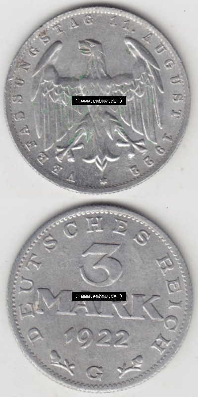 Weimarer Republik Umlaufmünze 1922-1923, 3 Mark G, 1923 Verfassungstag 11. August 1922, Münzen Vollansicht Vertikal zum Download... Sammlung