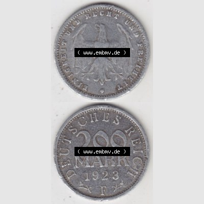 Weimarer Republik Umlaufmünze 1923-1923, 200 Mark F Einigkeit und Recht und Freiheit, Münzen Vollansicht Vertikal zum Download für Mobile-Geräte Sammlung
