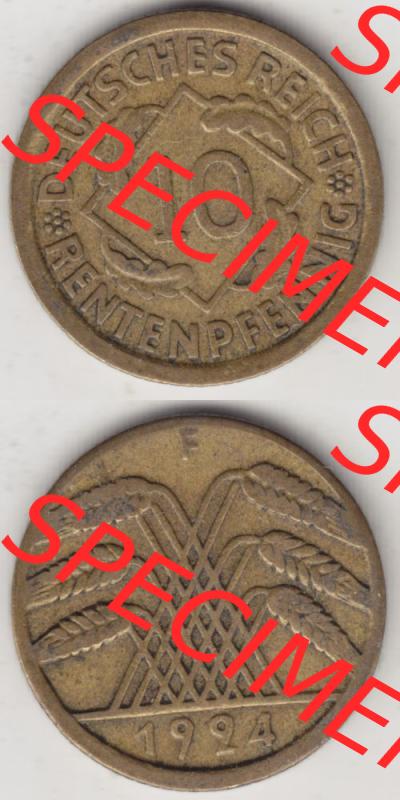 Weimarer Republik Umlaufmünze 1923-1925, 10 Rentenpfennig F, 1924, Münzen Vollansicht Vertikal zum Download für Mobile-Geräte Sammlung