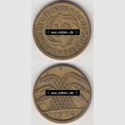 Weimarer Republik Umlaufmünze 1923-1925, 10 Rentenpfennig F, 1924, Münzen Vollansicht Vertikal zum Download für Mobile-Geräte Sammlung