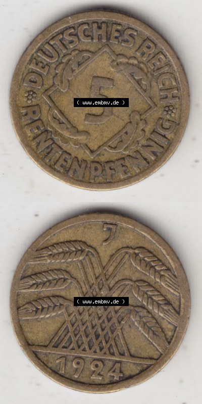 Weimarer Republik Umlaufmünze 1923-1924, 5 Rentenpfennig J, 1924, Münzen Vollansicht Vertikal zum Download für Mobile-Geräte Sammlung