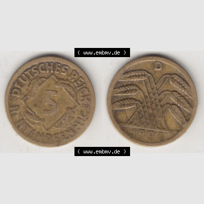 Weimarer Republik Umlaufmünze 1923-1924, 5 Rentenpfennig D, 1924 II, Münzen Vollansicht Horizontal zum Download Sammlung