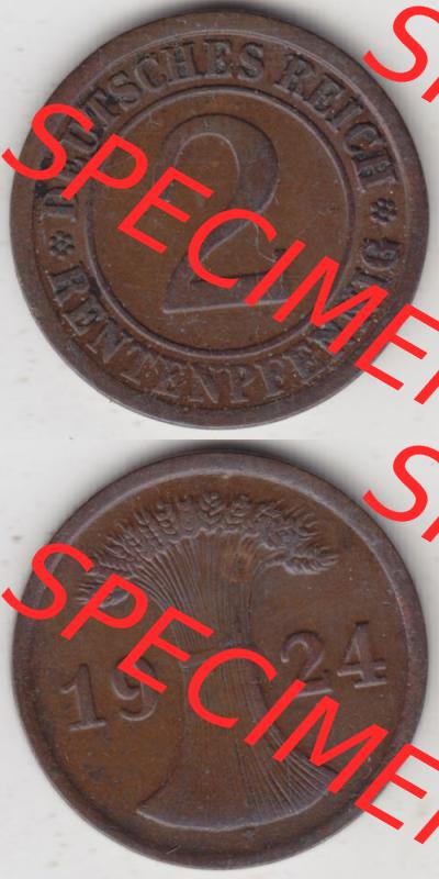 Weimarer Republik Umlaufmünze 1923-1924, 2 Rentenpfennig 1924 A, D, E, F, G, J, Münzen Vollansicht Vertikal zum Download für Mobile-Geräte Sammlung