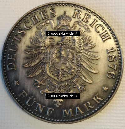 Deutsches Kaiserreich 1876, 5 Mark, König Ludwig II. v. Bayern, Deutsches Reich, Silbermünze ohne Mzz. und ohne Randschrift... Sammlung