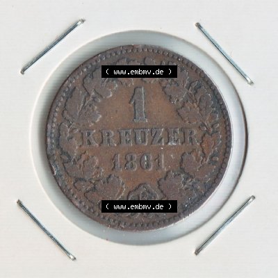 Münze vor 1871 aus Deutschland, 1861, 1 Kreuzer Nassau. Vorderseite der Münze aus Deutschland vor 1871. Hier auf EMBMV befindet sich ein online Katalog für private... Sammlung