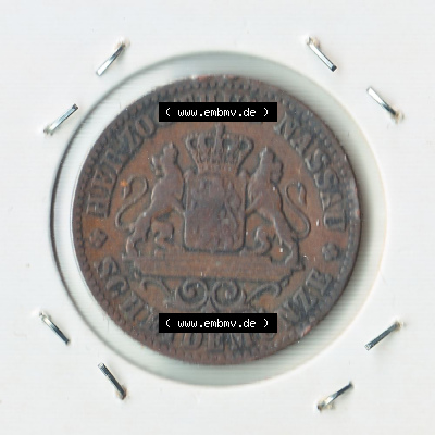 Münze vor 1871 aus Deutschland, 1861, 1 Kreuzer Nassau. Rückseite der Münze aus Deutschland vor 1871. Hier auf EMBMV befindet... Sammlung