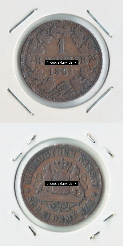 Münze vor 1871 aus Deutschland, 1861, 1 Kreuzer Nassau. Vorderseite und Rückseite der Münze aus Deutschland vor 1871 auf einen... Sammlung