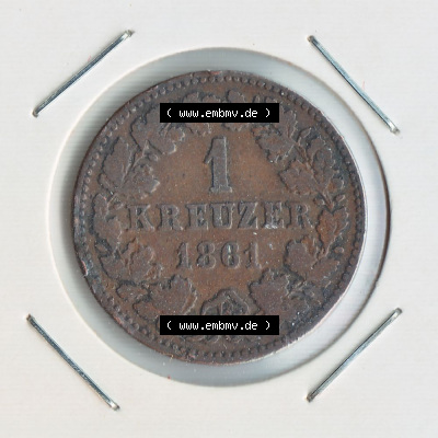 Münze vor 1871 aus Deutschland, 1861, 1 Kreuzer Nassau. Vorderseite der Münze aus Deutschland vor 1871. Hier auf EMBMV befindet... Sammlung