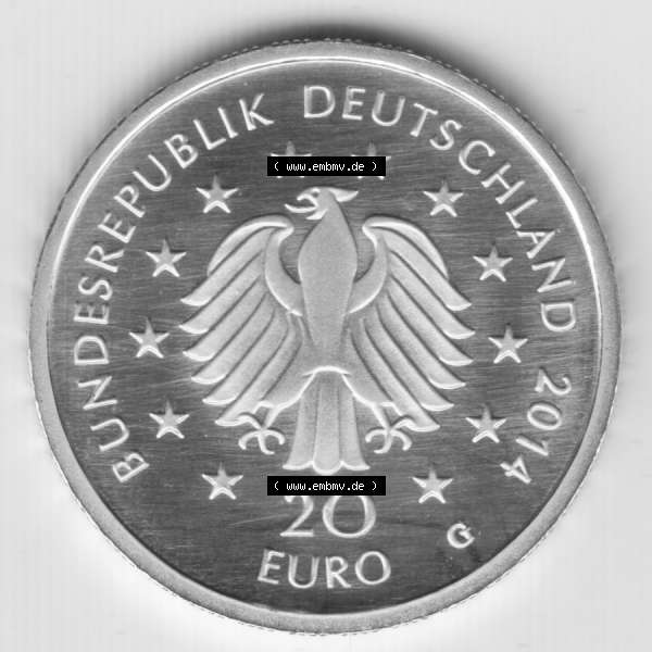 Grau bzw. s/w Goldmünzen 20 Euro 20 Euro Goldmünze 2014 Kastanie Rückseite zum herunterladen als Bildmaterial für ihre Sammlung der 20 Euro Goldmünzen aus Deutschland Sammlung Graustufen