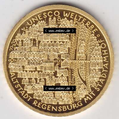 Deutschland 100 Euro Goldmünze 2016, UNESCO Welterbe, Altstadt Regensburg und Stadtamhof. Vorderseite der 100 Euro Goldmünze aus Deutschland der BRD. Hier auf EMBMV... Sammlung
