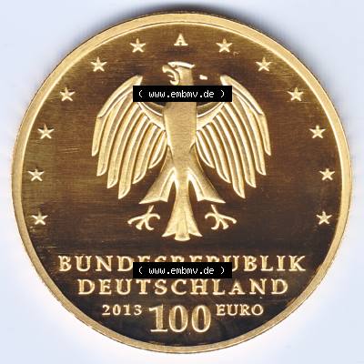 Deutschland 100 Euro Goldmünze 2013, UNESCO Gartenreich Dessau-Wörlitz. Rückseite mit dem Deutschen Adler der 100 Euro Goldmünze aus Deutschland der BRD.Hier auf... Sammlung