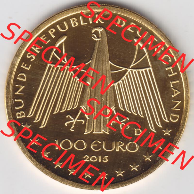 Deutschland 100 Euro Goldmünze 2015, UNESCO Welterbe Oberes Mittelrhein-Tal. Rückseite mit dem Deutschen Adler der 100 Euro Goldmünze aus Deutschland der BRD.Hier auf... Sammlung