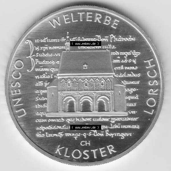 Grau bzw. s/w Deutschland 100 Euro Goldmünze 2014, Unesco Welterbe 1250 Jahre Kloster Lorsch. Vorderseite der 100 Euro Goldmünze aus Deutschland der BRD. Hier auf EMBMV befindet sich ein... Sammlung Graustufen
