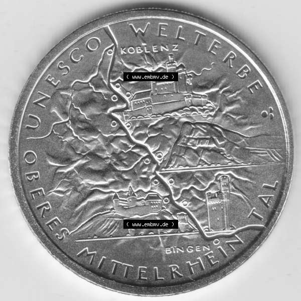 Grau bzw. s/w Deutschland 100 Euro Goldmünze 2015, UNESCO Welterbe Oberes Mittelrhein-Tal. Vorderseite der 100 Euro Goldmünze aus Deutschland der BRD. Hier auf EMBMV befindet sich ein online... Sammlung Graustufen