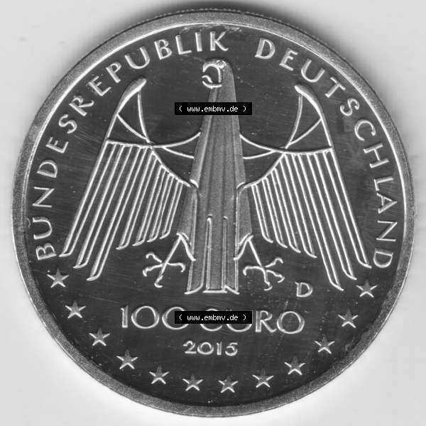 Grau bzw. s/w Deutschland 100 Euro Goldmünze 2015, UNESCO Welterbe Oberes Mittelrhein-Tal. Rückseite mit dem Deutschen Adler der 100 Euro Goldmünze aus Deutschland der BRD.Hier auf... Sammlung Graustufen