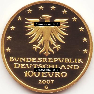 Deutschland 100 Euro Goldmünze 2007, UNESCO Hansestadt Lübeck. Rückseite mit dem Deutschen Adler der 100 Euro Goldmünze aus Deutschland der BRD.Hier auf EMBMV befindet... Sammlung