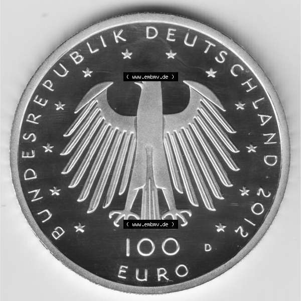 Grau bzw. s/w Deutschland 100 Euro Goldmünze 2012, UNESCO Welterbestätten Aachener Dom in Aachen. Rückseite mit dem Deutschen Adler der 100 Euro Goldmünze aus Deutschland der BRD.Hier... Sammlung Graustufen
