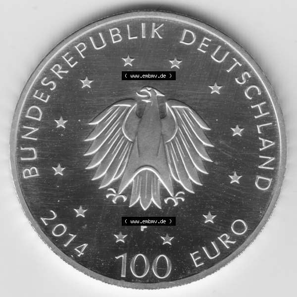 Grau bzw. s/w Deutschland 100 Euro Goldmünze 2014, Unesco Welterbe 1250 Jahre Kloster Lorsch. Rückseite mit dem Deutschen Adler der 100 Euro Goldmünze aus Deutschland der BRD.Hier... Sammlung Graustufen