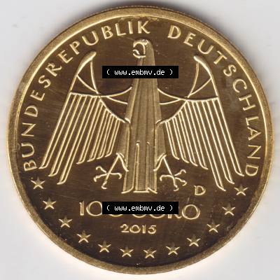 Deutschland 100 Euro Goldmünze 2015, UNESCO Welterbe Oberes Mittelrhein-Tal. Rückseite mit dem Deutschen Adler der 100 Euro Goldmünze aus Deutschland der BRD.Hier auf... Sammlung