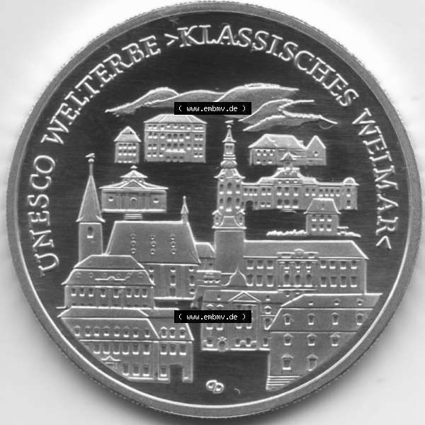 Grau bzw. s/w Deutschland 100 Euro Goldmünze 2006, UNESCO Klassisches Weimar. Vorderseite der 100 Euro Goldmünze aus Deutschland der BRD. Hier auf EMBMV befindet sich ein online Katalog... Sammlung Graustufen
