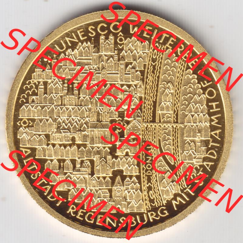 Deutschland 100 Euro Goldmünze 2016, UNESCO Welterbe, Altstadt Regensburg und Stadtamhof. Vorderseite der 100 Euro Goldmünze aus Deutschland der BRD. Hier auf EMBMV... Sammlung