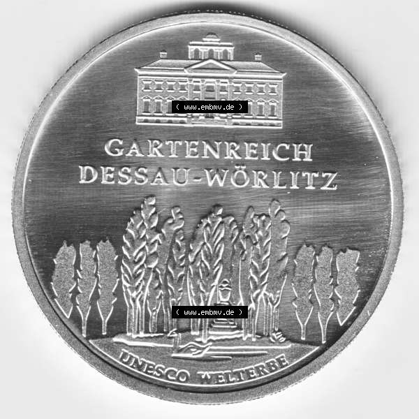 Grau bzw. s/w Deutschland 100 Euro Goldmünze 2013, UNESCO Gartenreich Dessau-Wörlitz. Vorderseite der 100 Euro Goldmünze aus Deutschland der BRD. Hier auf EMBMV befindet sich ein online... Sammlung Graustufen