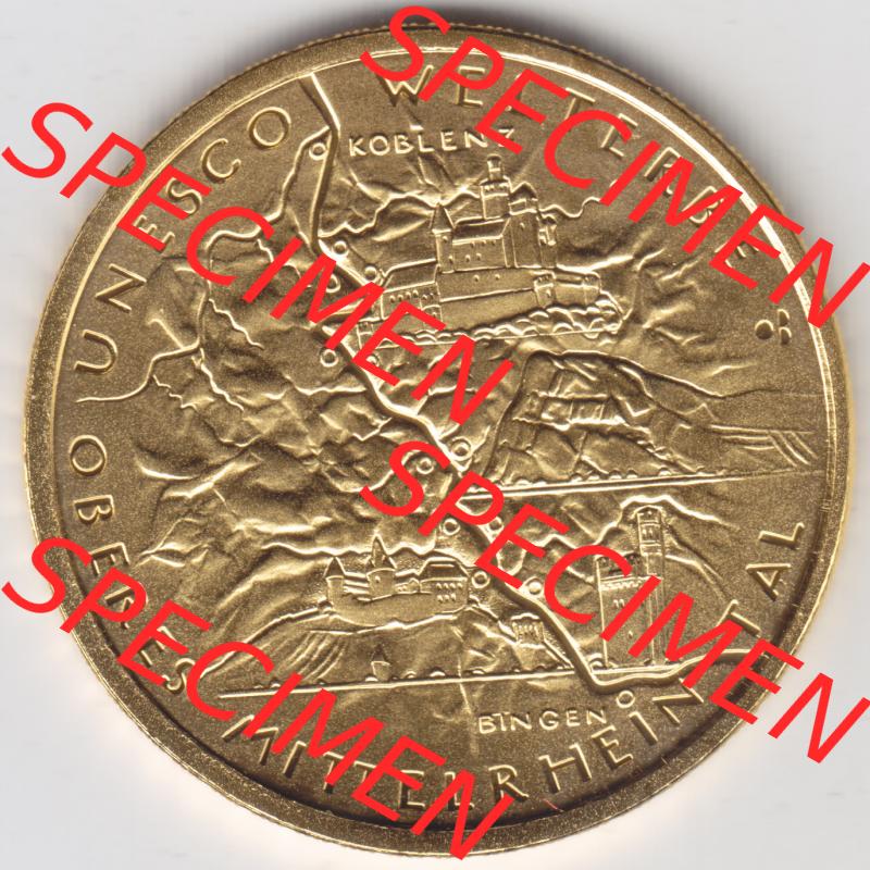 Deutschland 100 Euro Goldmünze 2015, UNESCO Welterbe Oberes Mittelrhein-Tal. Vorderseite der 100 Euro Goldmünze aus Deutschland der BRD. Hier auf EMBMV befindet sich ein online... Sammlung