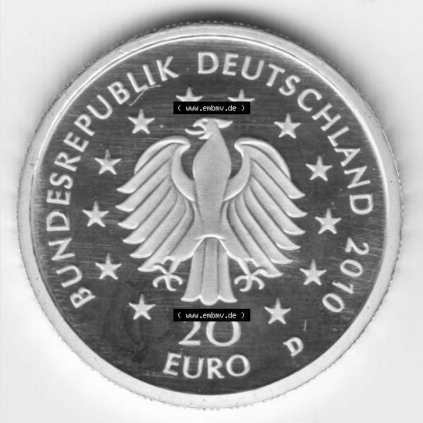 Grau bzw. s/w Goldmünzen 20 Euro 20 Euro Goldmünze 2010 Eiche Rückseite zum herunterladen als Bildmaterial für ihre Sammlung der 20 Euro Goldmünzen aus Deutschland Sammlung Graustufen