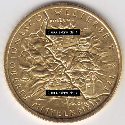 Deutschland 100 Euro Goldmünze 2015, UNESCO Welterbe Oberes Mittelrhein-Tal. Vorderseite der 100 Euro Goldmünze aus Deutschland der BRD. Hier auf EMBMV befindet sich ein online... Sammlung