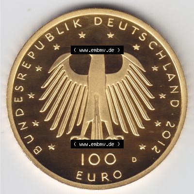 Deutschland 100 Euro Goldmünze 2012, UNESCO Welterbestätten Aachener Dom in Aachen. Rückseite mit dem Deutschen Adler der 100 Euro Goldmünze aus Deutschland der BRD.Hier... Sammlung